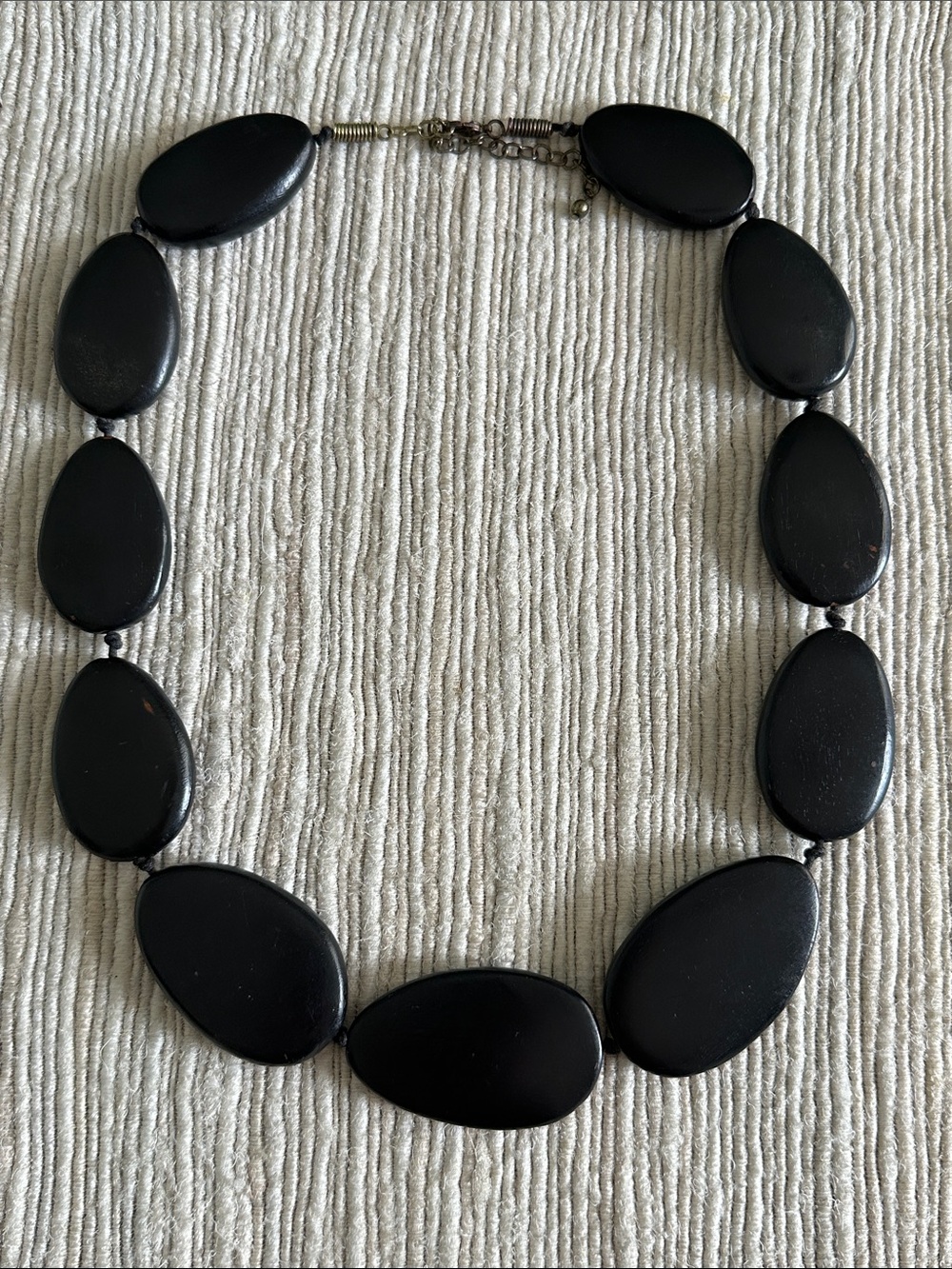 Avant Garde Vintage Ebony Black Pebble Oval Wood Bead Necklace